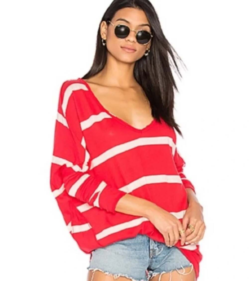 Free People We The Free Revolve Upstate Striped Long shirt Red White Size XL